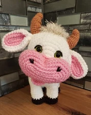 Crochet Cow Baby Bull Handmade Amigurumi Gift 9" Tall Adorable Green Eyes