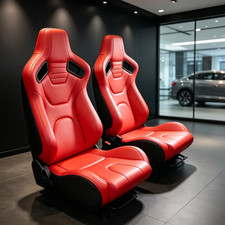 Pair Universal Racing Seats Red Pvc Leather Reclinable W Sliders