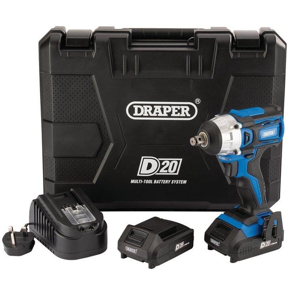 Draper Impact Wrench 20V D20 1/2"" Cordless 2x 2AH Battery Brushless 55343