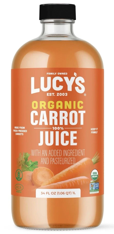 Lucy’s 99% Pure Carrot Juice - Organic, Non-GMO, Cold Pressed- 34Oz Glass Bottle - Image 2 of 4