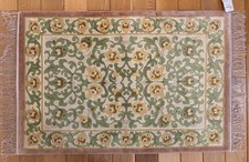 New HandKnotted SilkRug 2x3ft Ivory Green Gold Scrolling Vine Floral Carved Pile