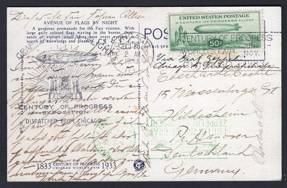 USA 1933 ZEPPELIN Flight Chicago Expo to Germany, Backstamp FRIEDRICHSHAFEN - Image 2 of 3