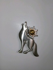 Authentic Mark Shields Vintage Pewter Wolf & Sun Brooch Pin w/Gold-plated Accent