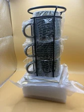 Mianolo 4pc Stackable Coffee Mug Set with Metal Stand Ceramic Cups New Boxe