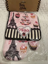 Kitchen Chic Paris Glam Oven Glove Pot Holder Cotton Towel Pink Chic Cupcakes