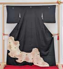 Authentic Japanese Kimono Silk Black Tomesode Beige Geometric Floral Art Luxury