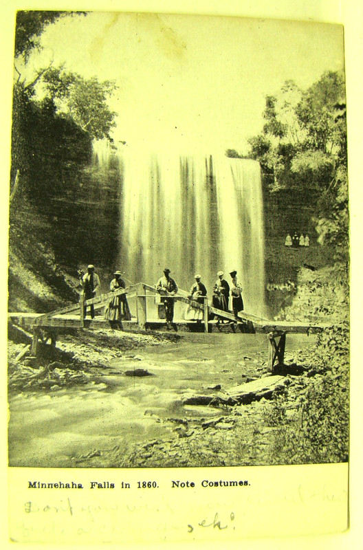 picture postcard pre WWI; photo Minnehaha Falls Minneapolis in 1860; dated 1907