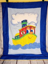 Vintage Tugboat Quilted Blanket 31"x41" Quilt Baby Throw Boat Caption Nursery