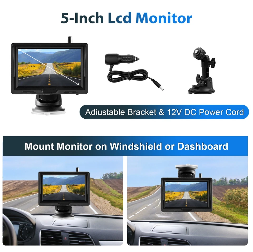 Magnetic Solar Wireless Backup Camera 5'' Monitor W/Camera car truck Trailer Bus - Image 3 of 4