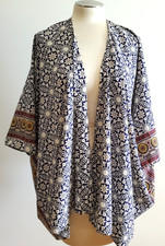 Earthbound Trading Co Kimono Duster OS Open Front Blue Cream Geometric Boho
