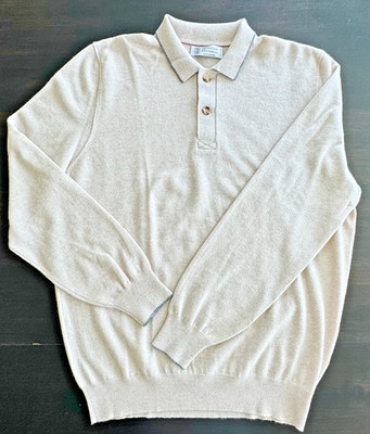 Brunello Cucinelli Men's Cashmere polo sweater light tan/grey trim