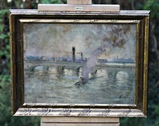 London Thames 1912 - Antique Oil Painting, Signed Curtis, Marine Scene
