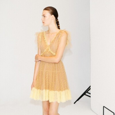 Self Portrait Polka Dot Tulle Lace Trim Tea Mini Dress Brown Yellow Size  US4 | eBay