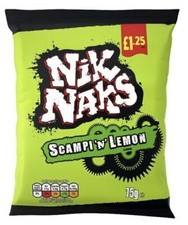 NIK NAKS NIKNAKS 20 X 75G SCAMPI 'N' LEMON  NICE 'N' SPICY RIB 'N' SAUCY CRISPS