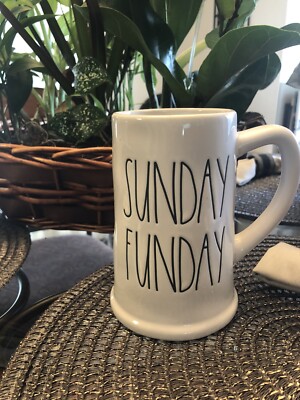 rae dunn sunday funday coffee mug/beer Mug beige ceramic 20 oz “NEW”