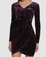 Guess Women's Purple Velvet Ruched Front Long Sleeve Dress Size 8