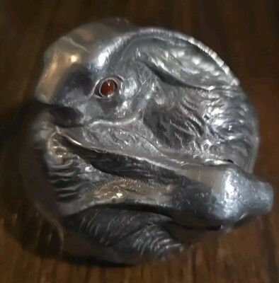 2 Bunnies Cuddling Pewter Snuggling Rabbits ''Red'' Eyes 3 Inches Across