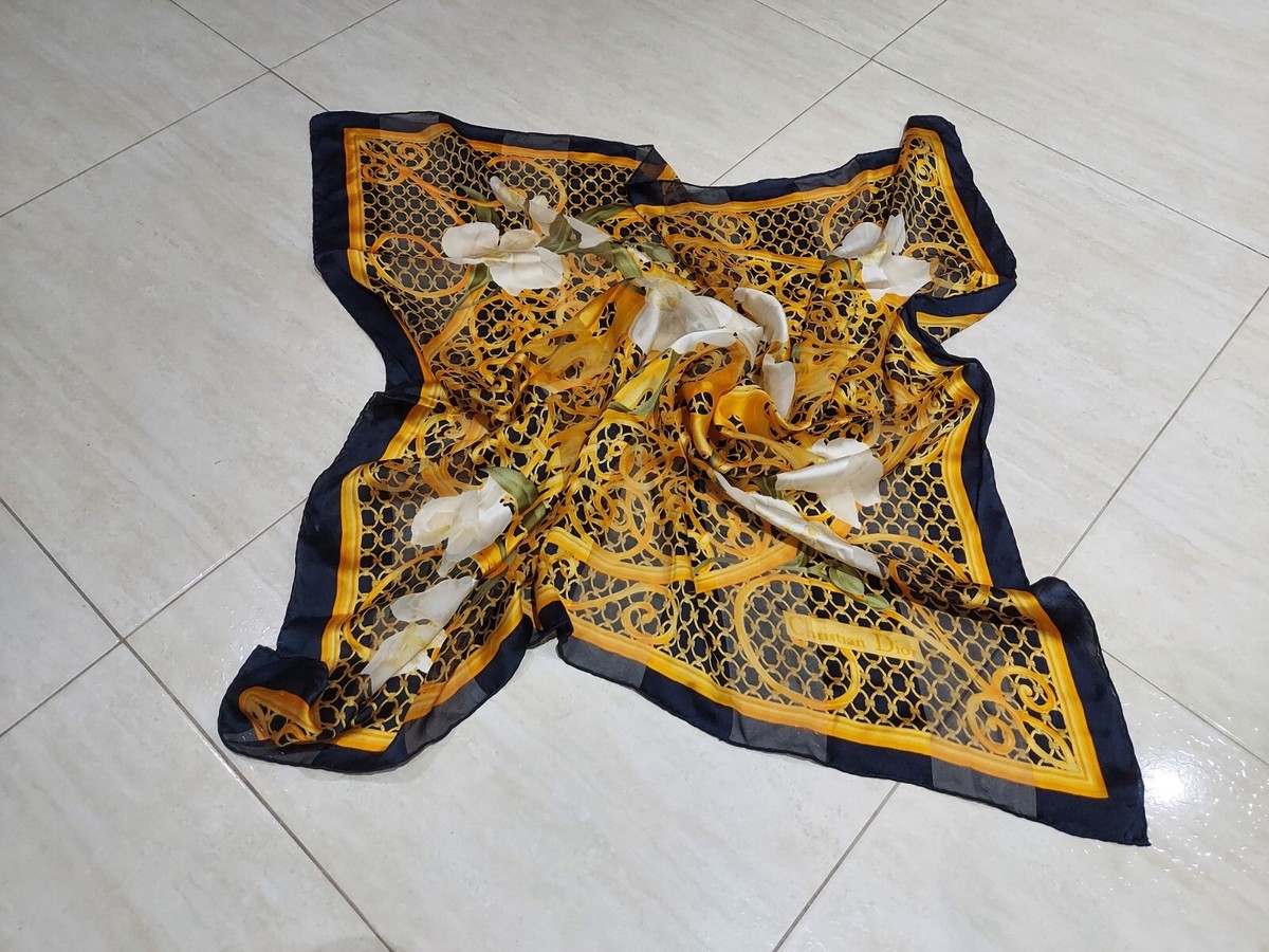 Chic Scarf CHRISTIAN DIOR Bloom Flowers Dark Blue Golden
