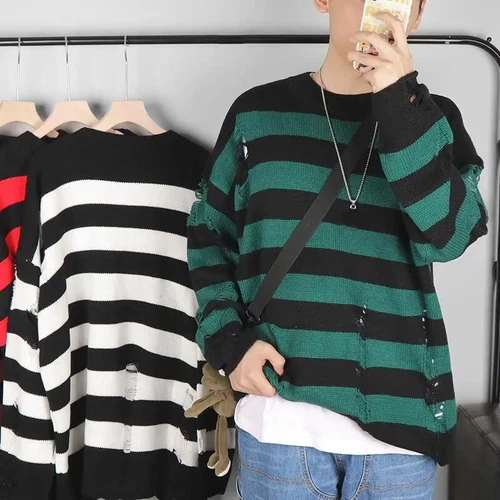 Maglioni a righe neri distrutti strappati maglione uomo pullover maglia foro maglioni - Foto 7 di 21