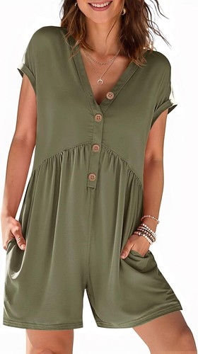 Womens V Neck Button Short Romper Summer Casual Jumpsuit with Pockets 2025