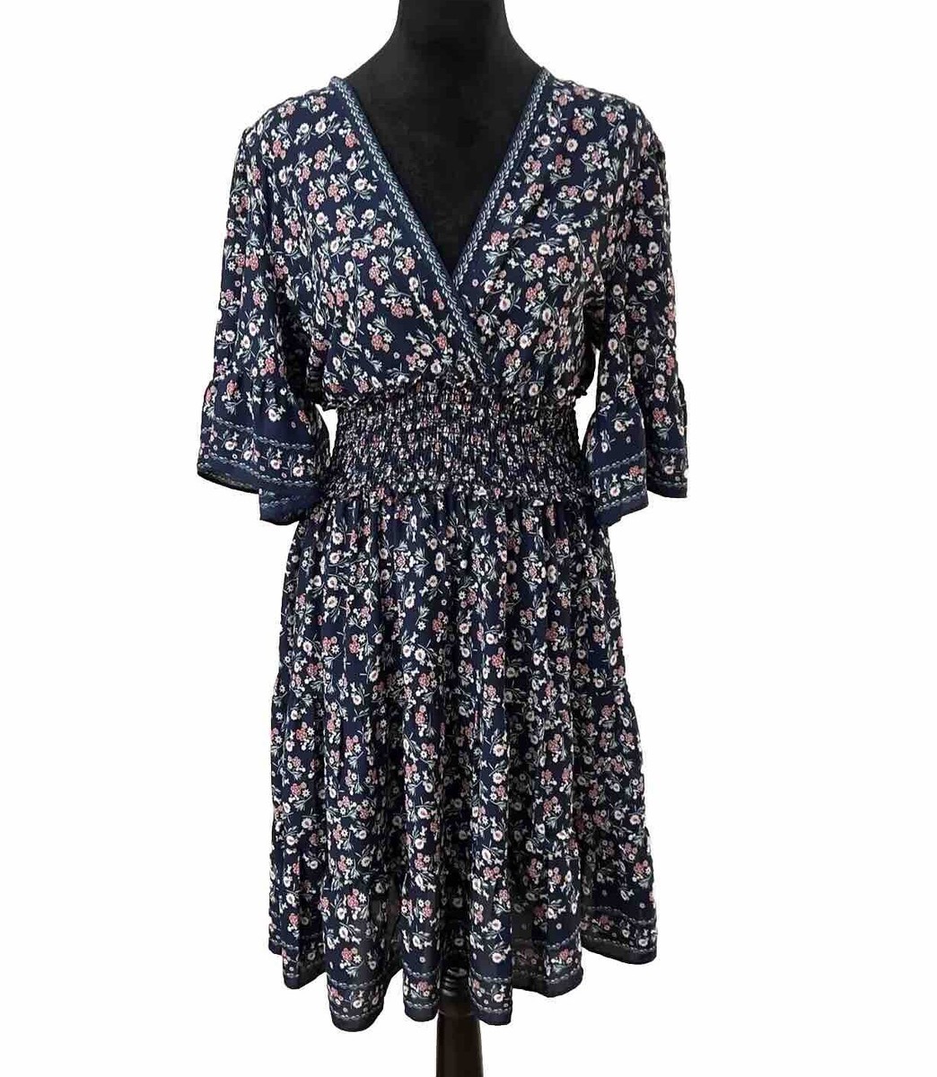 Max Studio Smocked Floral Sun Dress Sz M V Neck Stretch Fit & Flare Navy  Blue