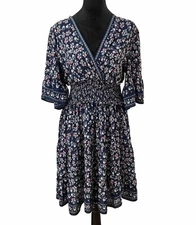 Max Studio Smocked Floral Sun Dress Sz M V Neck Stretch Fit & Flare Navy Blue