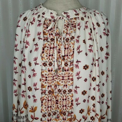 Style & Co Womens Sz S Tunic Top Boho Remix Ivory Floral Long Sleeve HiLo Hem 