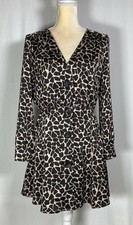 Zara Women Dress Flare A-Line Small Button Down Long Sleeve Animal Print Brown
