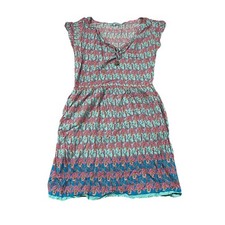 Mombasa Rose Dress L Blue Pink Floral Short Sleeve V-Neck Tie Front Summer Boho