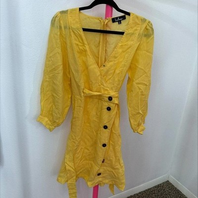 LULUS AJA GOLDEN YELLOW THREE-QUARTER BALLOON SLEEVE DRESS- SIZE S