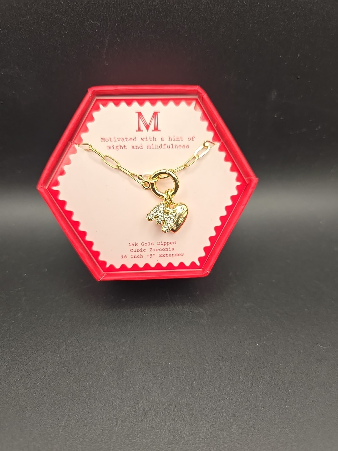 14K Gold Dipped Cubic Zirconia Puffy Heart Charm M Initial Necklace - A New Day™