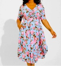 Torrid Blue Flutter Sleeve Floral Midi Dress with Pockets Size 5 5X 28