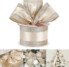 Champagne Gold Wired Satin Ribbon with Glitter Stripe Edges 2.5 inch, Champag...