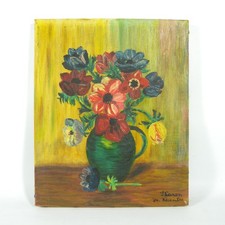 QUADRO DIPINTO OLIO SU TELA NATURA MORTA VASO DI FIORI FRANCESE VINTAGE W777