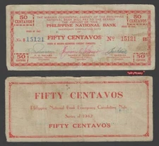 1942 PHILIPPINES EMERGENCY WWII GUERILLA BANKNOTE 50 CENTAVOS P-S571 USED FINE