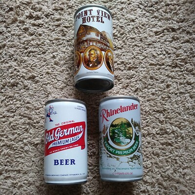 3 DIFFERENT EMPTY Beer Cans  STEEL - RHINELANDER OLD GERMAN - POINT VIEW HOTEL 