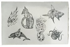 Tattoo Flash Single Sheet Print Cat Shark Dolphin Seahorse Fire Eye 11" X 14