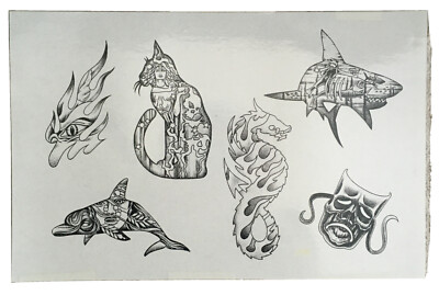 Tattoo Flash Single Sheet Print Cat Shark Dolphin Seahorse Fire Eye 11'' X 14  