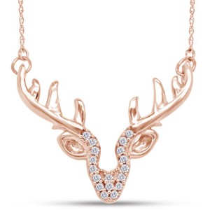 Authentic Natural Round Diamond Accent Deer Antler Pendant 14K Rose Gold Plated Silver
