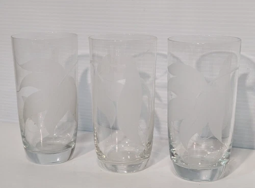 Set of 3 Vintage McBride Cameo Frosted Leaf Crystal Glass Tumblers