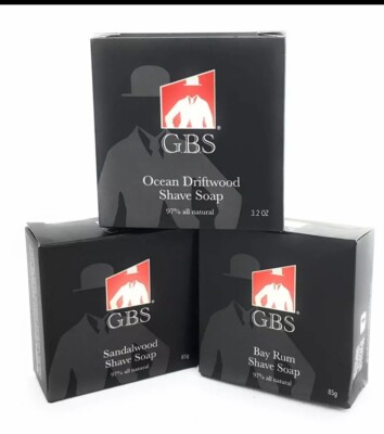 GBS Wet Shave Mug Soap Puck Sandalwood Bay Rum Ocean Driftwood - 3 Pack