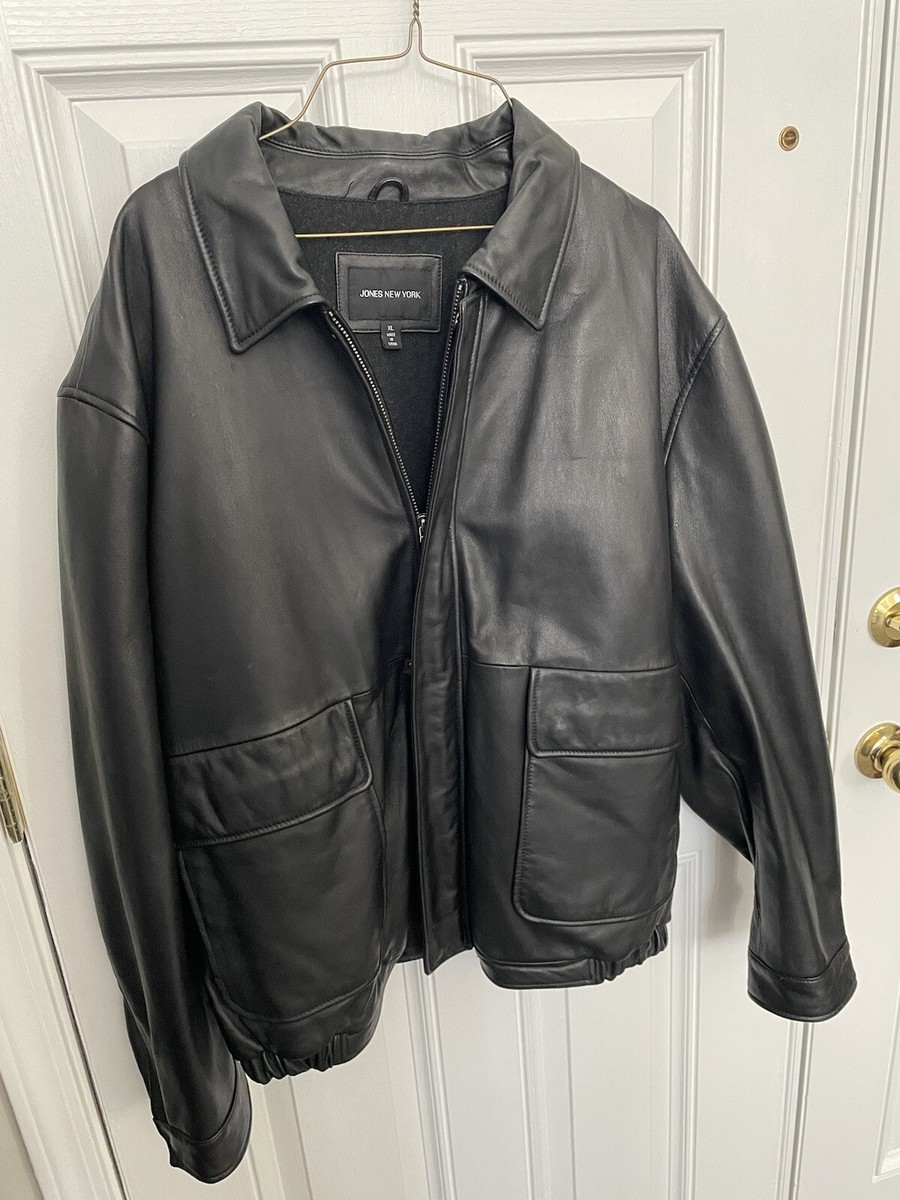 JONES NEW YORK MENS BLACK LEATHER JACKET FULL ZIP WITH THREE BUTTON FRONT SZ. XL JONES NEW YORK MENS BLACK LEATHER JACKET FULL ZIP WITH THREE BUTTON FRONT SZ. XL