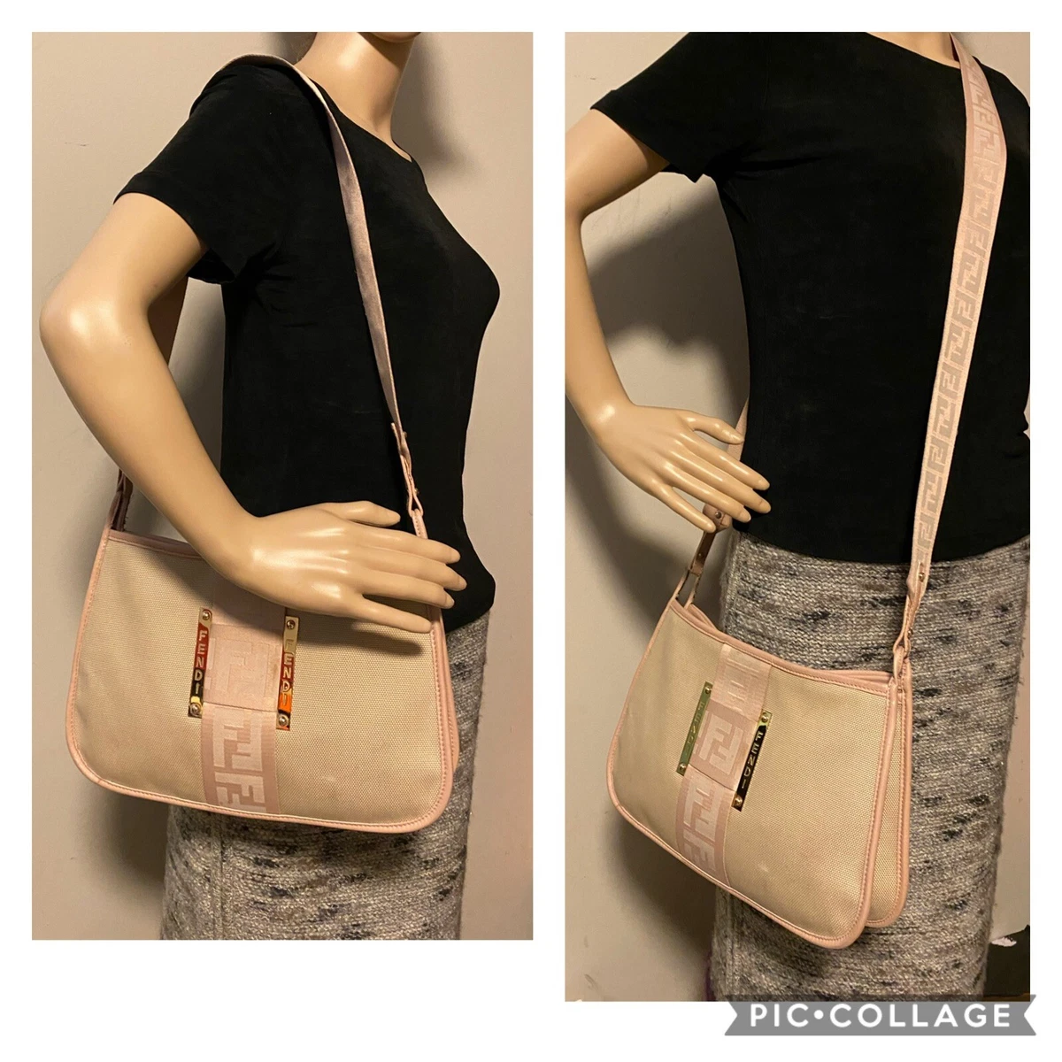 Auth FENDI Zucca Shoulder Bag Canvas Leather Pink Vintage