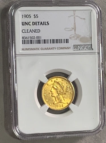NGC, UNC Cleaned, 1905, USA, $5, Liberty, Coronet, Gold Coin.