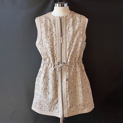Olivieri Laser Cut Leather Macrame Vest Made in Italy Beige Size IT 46