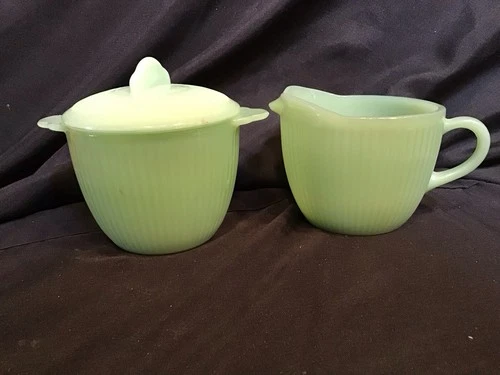 Vintage Fire King Jadeite Jane Ray Sugar Bowl with Lid and Creamer