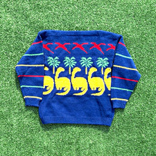 Men s Blue Knit Graphic Print Banana Palm Tree Pullover Sweater Long Sleeve