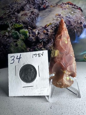 Authentic Prehistoric Red Chert Spear Point Framed Display 1934 Buffalo Nickel