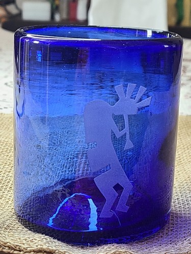 VTG '96 Signed Handblown Colbalt etched Kokapelli 3.5" Glass Holds 12 OZ - Picture 5 of 11