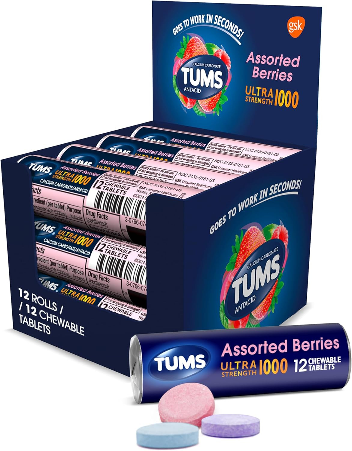 Ultra Strength Tums Antacid 1000mg Assorted Berry 12 Tablets 12-Pack